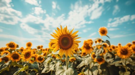 Obraz premium A captivating view of a field of sunflowers in full bloom under a bright blue sky