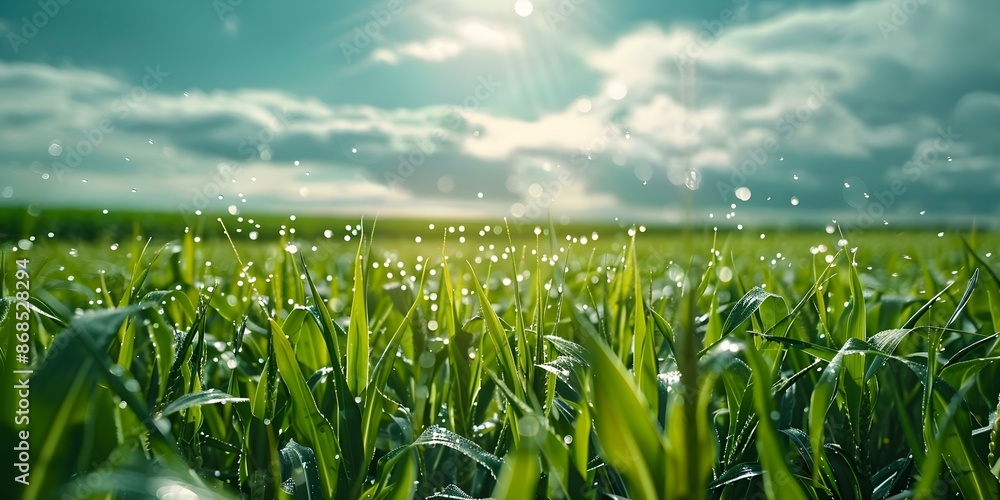 Poster automated irrigation system nurturing wheat, rye, and corn seedlings in expansive field. concept irr