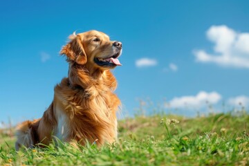 Fototapeta premium Cute dog sitting on a grassy field colorful flowers under a clear blue sky in a warm and sunny day