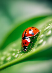 Fototapeta premium Macro Shot of Ladybug on Green Leaf, Close-up of a red ladybug with black spots perched on a vibrant green leaf