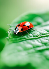 Obraz premium Macro Shot of Ladybug on Green Leaf, Close-up of a red ladybug with black spots perched on a vibrant green leaf