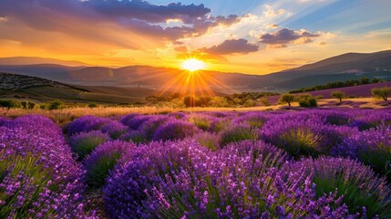 Fototapeta premium A captivating view of a lavender field in full bloom under a golden sunset