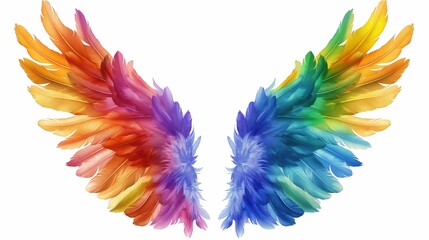 The wings of a bird are shown in a rainbow of colors. The wings are spread wide open, creating a...