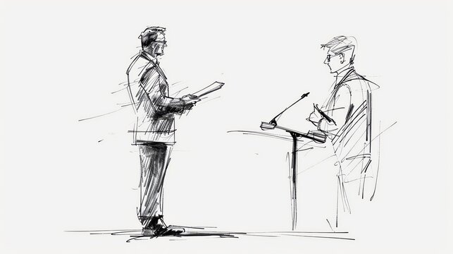 Artistic sketch of two individuals engaged in a discussion at podiums, representing a debate or presentation scenario.