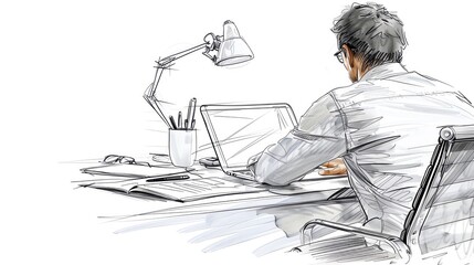 Hand-drawn sketch of a professional working at a desk with a laptop, lamp, and stationery. Concept of work, productivity, and office life.