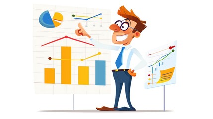 Fototapeta premium Illustration of a businessman presenting sales data with charts and graphs. Ideal for business, finance, and data presentation concepts.