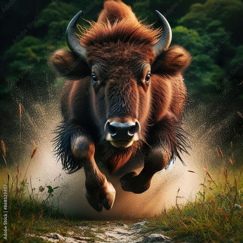 Wall mural a female bison running fast in the tall grass, motion blur and a fast shutter speed