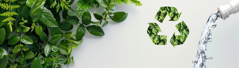Fototapeta premium Eco-friendly concept with water and recycling symbol surrounded by lush green leaves, promoting sustainability and environmental conservation.