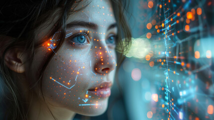 Woman's Face with Digital Code Overlay