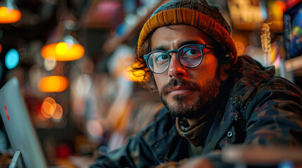 Fototapeta premium Man with Glasses Looking Surprised with Smartphone in Neon-Lit Environment