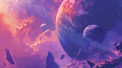  Cosmic Abstract Art with Vibrant Planets and Dynamic Space Background