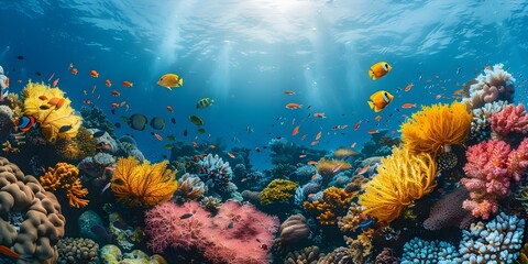 Naklejka premium Teeming with tropical fish and colorful corals A vibrant coral reef underwater. Concept Underwater Photography, Coral Reefs, Tropical Fish, Colorful Marine Life, Ocean Biodiversity
