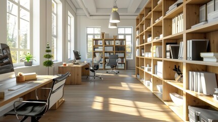 contemporary office with open wooden shelving and a bright, airy feel