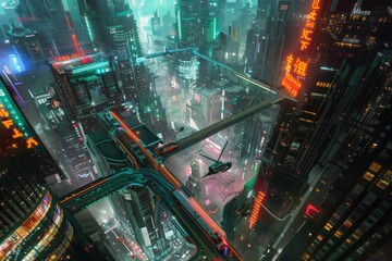 Futuristic Cityscape With Flying Vehicle and Neon Lights at Night