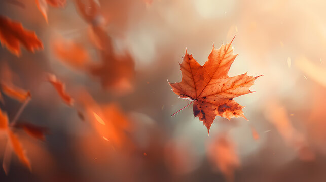 Close up of autumn leaves floating in the air