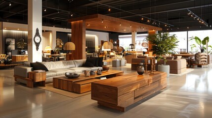 designer furniture showroom with exquisite wooden pieces and a modern layout