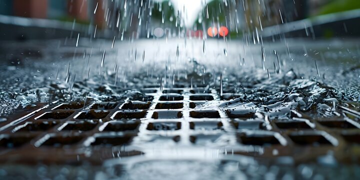 Urban Rainwater Flowing into City Storm Drain from Downpipe. Concept Urban Infrastructure, Stormwater Management, Drainage Systems, Rainwater Harvesting, Urban Resilience