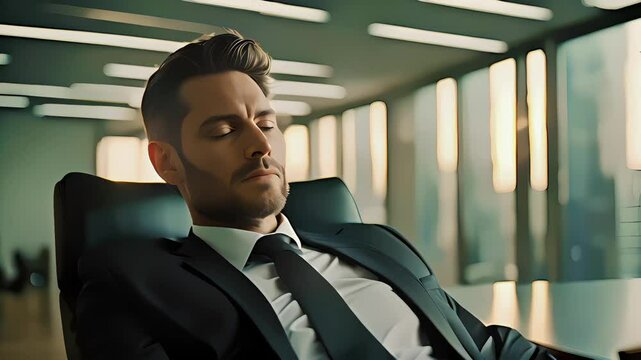 Businessman sits in the office and meditates