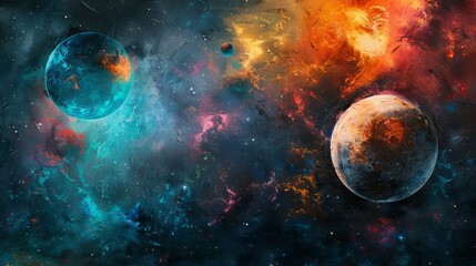 Colorful Abstract Planets on a Vibrant Cosmic Space Texture, Futuristic Sci-Fi Background