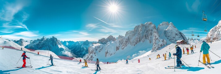 Winter vacation at scenic mountain ski resort is popular with skiing snowboarding enthusiasts who love adventurous holidays in snowcovered surroundings. Activities include skiing snowboarding