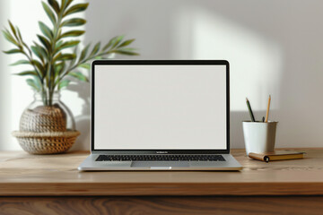 blank mockup Laptop on table in minimalist style workplace