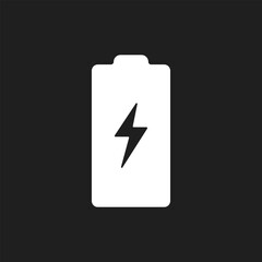 White battery charging icon on black background.