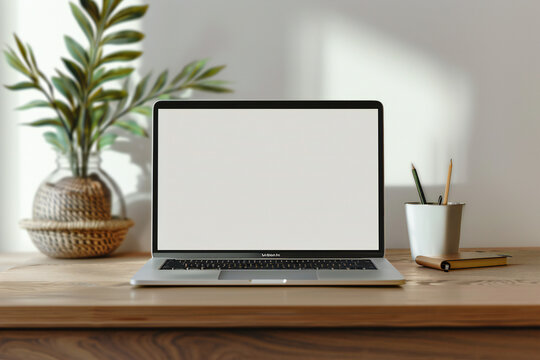 blank mockup Laptop on table in minimalist style workplace