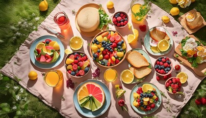 Fototapeta premium Summer Picnic Spread- Illustrate a cheerful summer picnic scene with a blanket spread out.