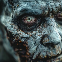 Gruesome Zombie Portrait with Decaying Flesh and Menacing Stare on Isolated White Background for Horror Concepts.