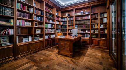 Obraz premium high-end home office with wooden bookshelves and a spacious, stylish desk