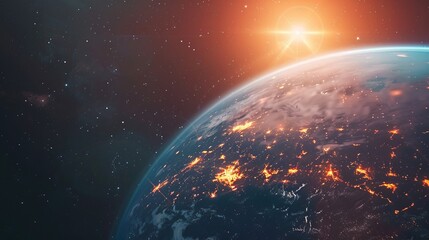 Obraz premium Artistic Cyberspace Globe with Sunlight Reflection, Space View