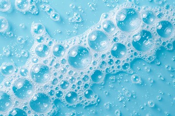 White soap foam with bubbles texture on blue background. Detergent foam bubble on water, soap sud. Face cleansing mousse smudge, shower gel, hair shampoo foam smear texture. Beauty, clean and laundry 