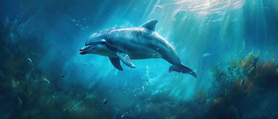 Obraz premium Graceful dolphin swimming in vibrant underwater ocean scene, surrounded by colorful reef and sunlight filtering through water.