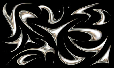 Set of neotribal metallic elements. Tattoo style chrome vector illustrations.