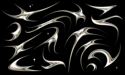 Set of neotribal metallic elements. Tattoo style chrome vector illustrations.