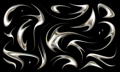 Set of neotribal metallic elements. Tattoo style chrome vector illustrations.