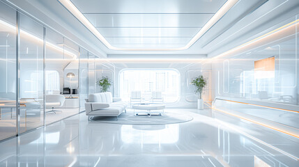 A panoramic shot of a sleek and futuristic office interior with high-tech gadgets, transparent screens, and minimalist furniture