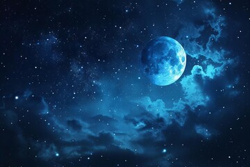 Blue full moon on the dark cloudy sky with stars, white background