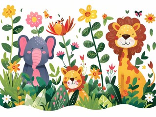 Naklejka premium Cute cartoon animals in the jungle, including an elephant, lion, and giraffe, with flowers and plants, white background