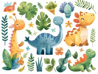 Cute cartoon dinosaurs and tropical leaves. Watercolor illustration, white background