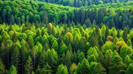 Dense forest view capturing trees in various life stages from saplings to towering mature trees wide format, forest, trees