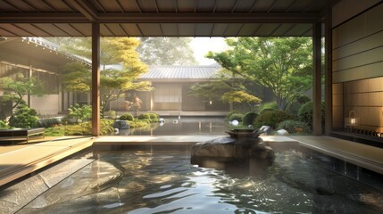 Fototapeta premium A traditional Japanese ryokan with minimalist design and tranquil gardens, providing an authentic cultural retreat. Concept