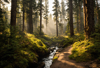 Obraz premium Morning walk in a beautiful forest, with a creek flowing by the side of the path
