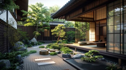 Fototapeta premium A traditional Japanese ryokan with minimalist design and tranquil gardens, providing an authentic cultural retreat. Concept
