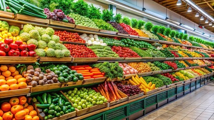 Obraz premium Vibrant fresh produce section in supermarket with customers selecting fruits and vegetables, supermarket, fresh