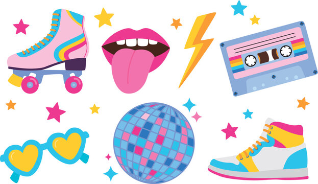 Set of colorful retro objects from 80s-90s. Vector illustration in flat style	