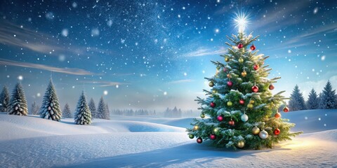 Winter wonderland scene with Christmas tree decorated with ornaments and snow-covered ground, merry christmas, winter