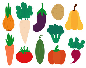 Set of vegetables. Concept of healthy food and products. Summer element for your design. Collection farm product. Vector flat cartoon illustration.