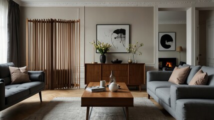 Fototapeta premium Interior of light living room with grey sofas, coffee table and large window