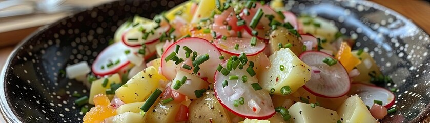 Fresh potato salad with radish, chives, and herbs served in a rustic bowl. Perfect for a healthy meal or summer picnic.